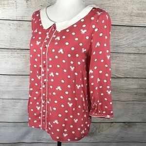 Mickey Mouse print pink collared rayon 3/4 sleeve top